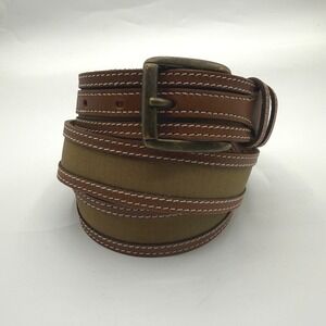 Eddie Bauer Mens Brown Leather Olive Canvas Belt Made in Italy Size 40 Rugged